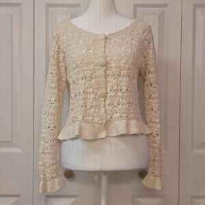 Boho Cottagecore Cream Crochet Cardigan Passports Size S Y2K Fairy Indie Floral